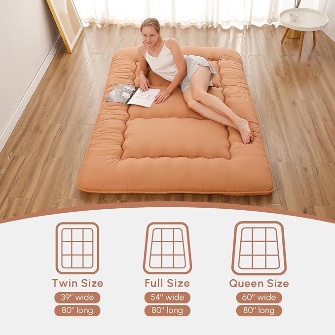 Japanese Floor Mattress, Futon Mattress with Portable Storage Bag and Washable Cover, Roll Up Thick Tatami Mat Suitable for Camping, Guest Room, Light Coffee, Full - Bloomnest