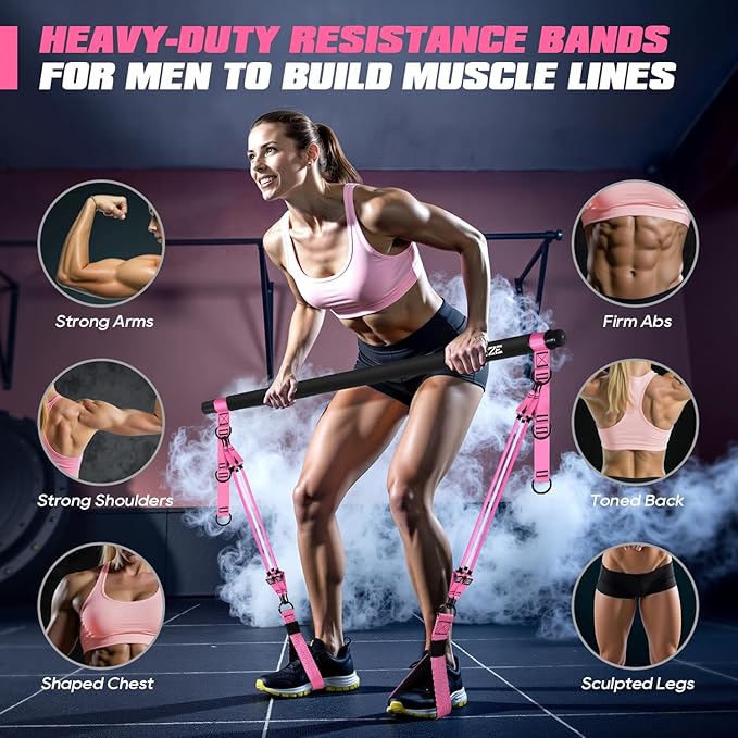 Pilates Bar Kit with Resistance Bands, Heavy Duty Pilates Equipment for Men, Strength Training Bar for Legs, Hip, Back, Arm, Abs, Chest, Shoulders, Portable Home Gym Full Body Workout Equipment - Bloomnest