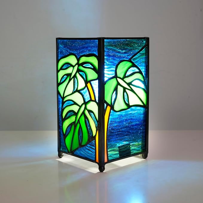Tiffany Small Lamp Monstera Deliciosa Stained Glass Table Lamp Monstera Swiss Cheese Plant Mini Retro Accent Night Light for Home Decor Boys Girls Gifts - Bloomnest