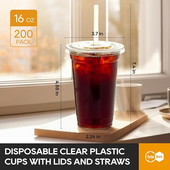 Turbo Bee 200 Sets 16 OZ Clear Plastic Cups with Lids and Straws, Disposable To Go Iced coffee cups with lids for Cold Drinks, Smoothie, and Slushie - Bloomnest