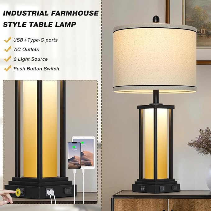 27" Tall Vintage Table Lamp Set of 2 with USB C+A & Outlet,Farmhouse Nightstand Lamp for Living Room,Rustic Retro Bedside Lamps with Red-Orange Glass Night Light for Bedroom Entryway,Black-2 - Bloomnest