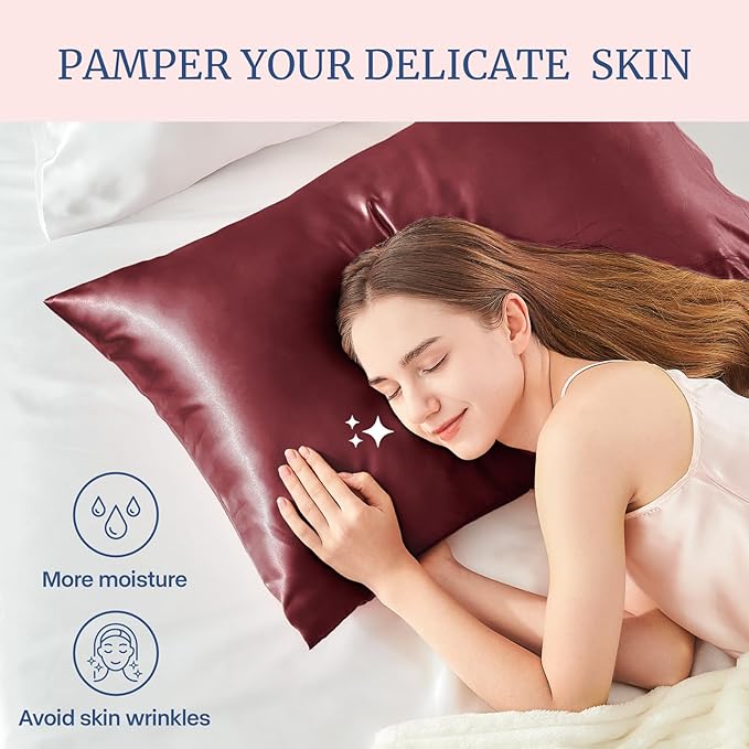 BEDELITE Satin Pillowcase for Hair and Skin, Super Soft and Cooling Similar to Silk Pillow Cases 2 Pack with Envelope Closure, Gift for Women Men(20"x26" Standard Size, Burgundy) - Bloomnest