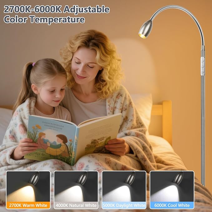 Reading Floor Lamp, 72" Tall LED Lamp with Flexible Gooseneck, Dimmable Zoomable Spotlight, Adjustable Color Beam Standing Lamp, Touch & Remote Control, Task Craft Bedroom Living Room (Brushed Nickel) - Bloomnest