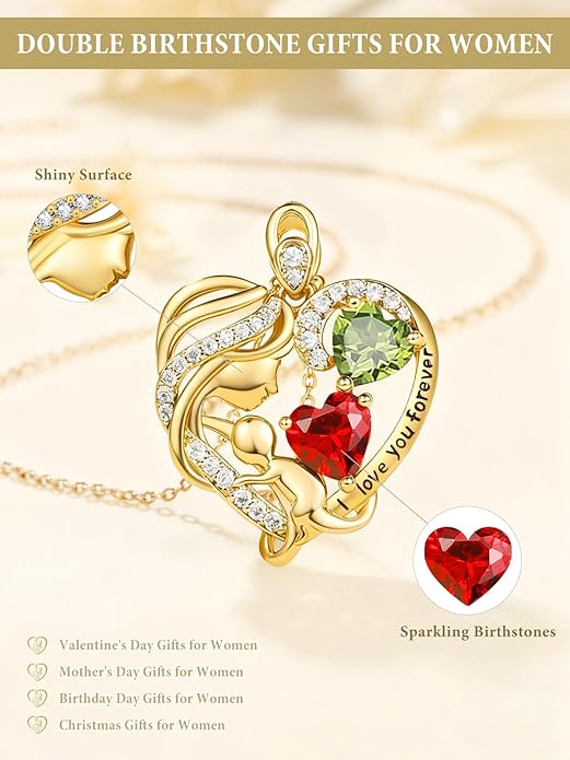 14K Gold Double Birthstone Heart Necklace for Women Mom, Mother Son/Daughter Pendant Necklace for Christmas Mother's Day Birthday Gifts for Wife Daughter Grandmom - Bloomnest