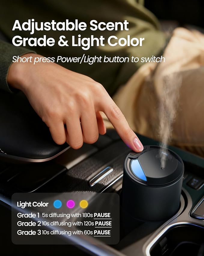 Waterless Diffuser for Essential Oil, Smart Car Air Freshener Diffuser with 3 Mist Grades & 3 LED Light Colors, Auto On/Off, Rechargeable Scent Air Machine - Bloomnest