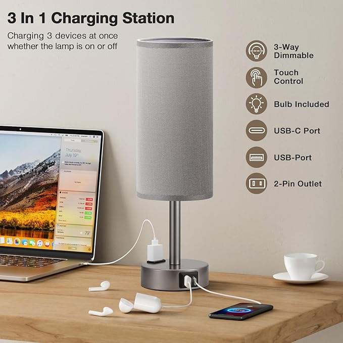 Fenmzee Grey Bedside Table Lamp for Bedroom - 3 Way Dimmable Touch Lamp USB C Charging Ports and AC Outlet, Small Lamp for Living Room, Desk, LED Bulb Included - Bloomnest