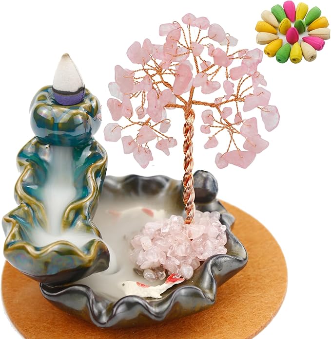 Backflow Incense Holder, Waterfall Incense Burner, Gemstone Money Tree Home Living Room Decorations Office Accessories for Women, Mothers Day Mom Gifts (Rose Quartz) - Bloomnest
