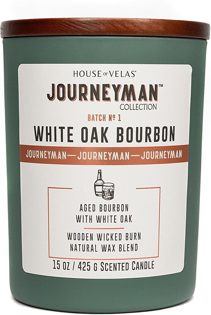 Journeyman Collection Candle, 15oz, Wooden Wick, White Oak Bourbon, Large Painted Jar - Bloomnest