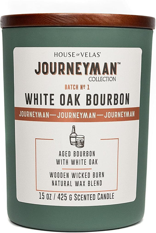 Journeyman Collection Candle, 15oz, Wooden Wick, White Oak Bourbon, Large Painted Jar - Bloomnest