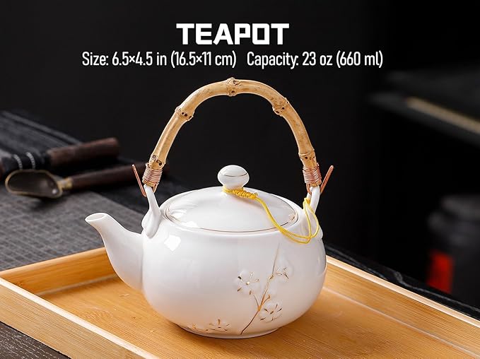 Japanese Tea Set, White Porcelain tea set with 1 Teapot(23 oz/660ml), 6 Tea cups(5.3 oz/150ml), 1 Tea Tray, Golden plum blossom relief, Asian tea sets for adults (Golden plum-White) - Bloomnest