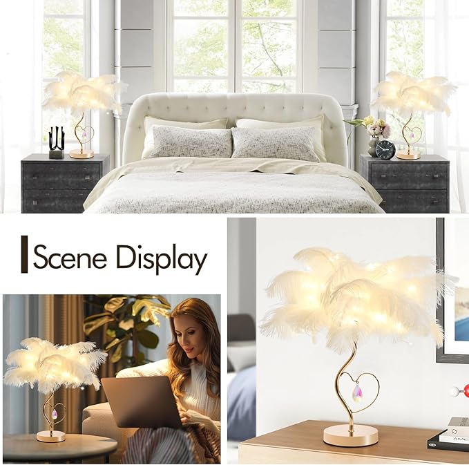 White Ostrich Feather Lamp Princess Fluffy Bedside Lamp Romantic Feather Table Lamp Nightstand Light for Girl Bedroom Wedding Decor Valentine Dating Living Room Hotel Office - Bloomnest