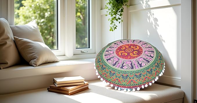 CRAFT KALA Large Round Bohemian Floor Pillow Pouf Cover Mandala Meditation Room Pillow Cover for Adults Boho Seating Poufs Cushion Cover for Kids Playroom Multi 6 Color 32" Round - Bloomnest