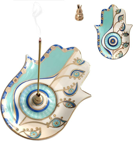 Ceramic Hamsa Hand Incense Holder - 2 in 1 Brass Incense Holder for Sticks and Coil Incense- Zen Decor with Hand of Fatima Design Protection from Evil - 6.2" L X 4.5" W (Blue) - Bloomnest