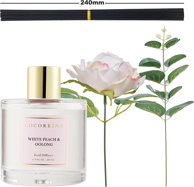 Cocorrína Flower Reed Diffuser - White Peach& Oolong 6.7oz Scented Diffuser with Sticks Home Fragrance Essential Oil for Bathroom Shelf Decor (Artificial Flower) - Bloomnest