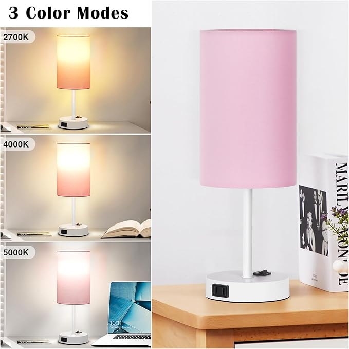 ZJOJO Table Lamp for Bedroom Set of 2, Bedside Small Lamps with 3 Way Dimmable Rocker Switch and AC Outlet, Nightstand Desk Lamp with Pink Fabric Shade White Base for Living Room Home Decor Lights - Bloomnest