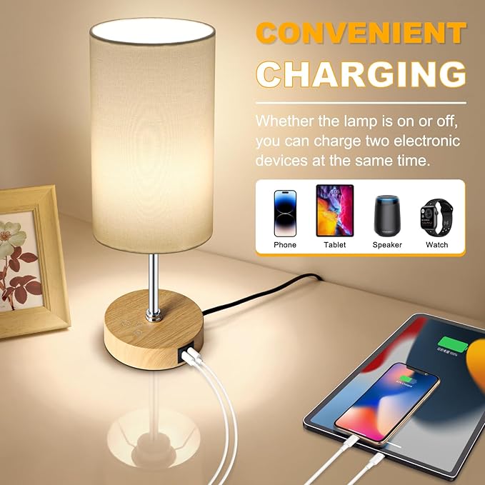 Unicozin Small Table Lamp, 3CCT & 7 RGB Color Changing, Dimmable Nightstand Lamp with Wood Grain Base, Touch Bedsides Lamp for Bedroom, Office, Kids Room, Nursery, Party, White Shade - Bloomnest