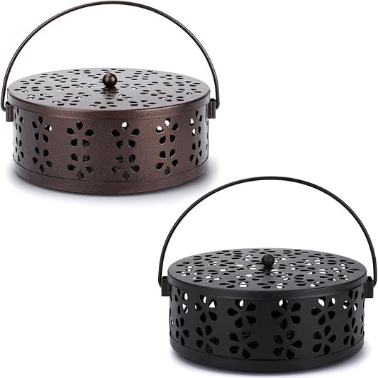 Mosquito Coil Holder 2 Pack Citronella Incense Coil Holder Outdoor Steel Round Mosquito Coil Burner Tray with Handle and Lid (Black/Bronze) - Bloomnest