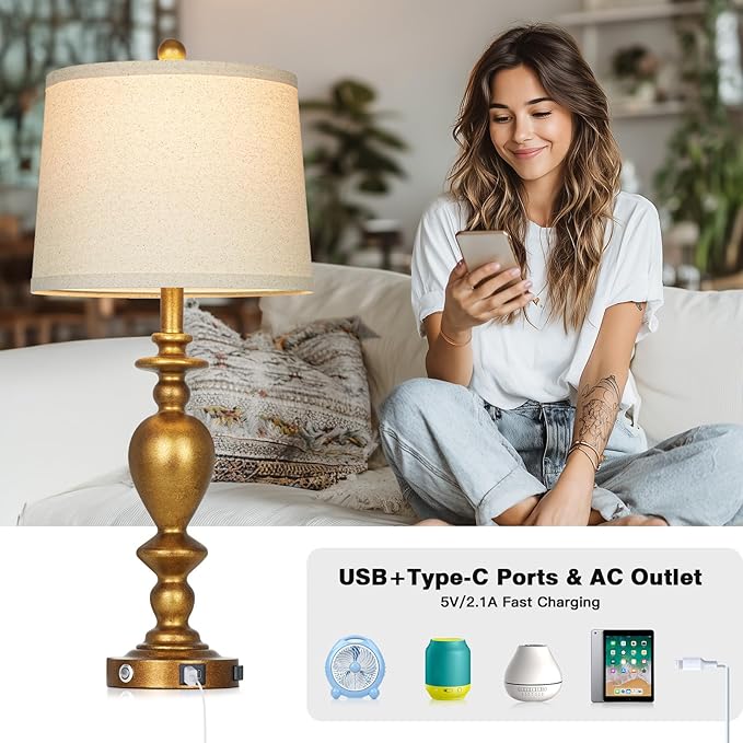 28" Farmhouse Table Lamps Set of 2 with USB C+A Ports & AC Outlet for Vintage Living Room Retro Bedroom,3-Way Dimmable Touch Lamp Resin Bedside Lamps for Nightstand Side End Table, Brass - Bloomnest