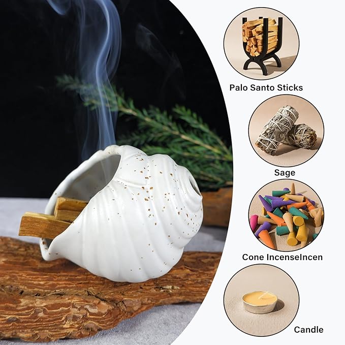 Ceramic Conch Palo Santo Burner Holder - Mini Chiminea Incense Chimney, for Smudging Sage/Cones、Perfect for Meditation Altar & Witchcraft Supplies, Ideal Spiritual Decor & Gift for Zen Spaces - Bloomnest