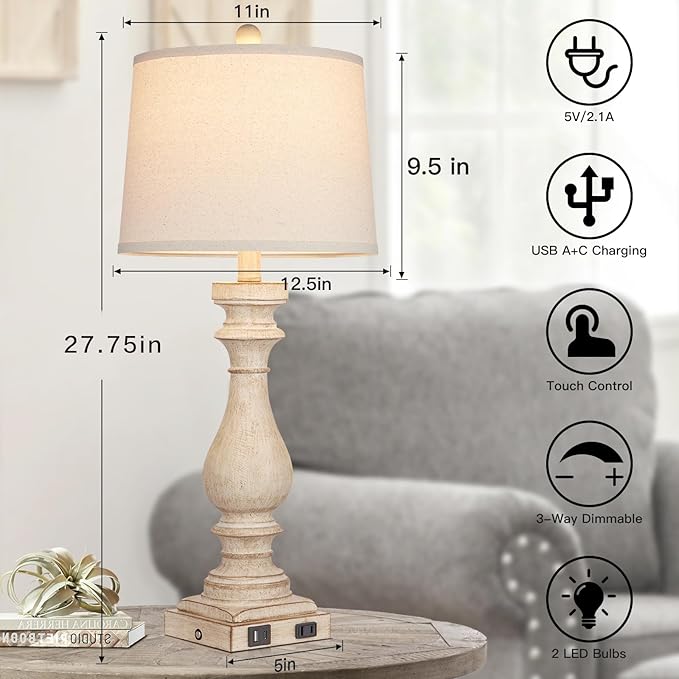 29" Tall Table Lamp for Living Room Set of 2,Vintage Bedside Nightstand Lamps with USB C+A Ports & AC Outlet,3-Way Dimmable Touch Control Desk Lamp for Bedroom,Color 1 - Bloomnest