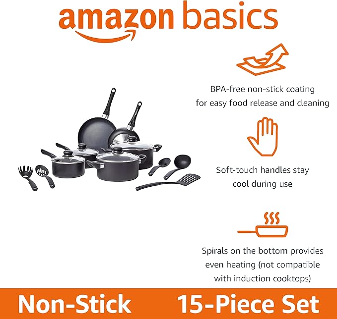 Amazon Basics Non Stick Kitchen Cookware 15-Piece Set, Non-Induction, Includes Pots, Pans, and Utensils, Black - Bloomnest