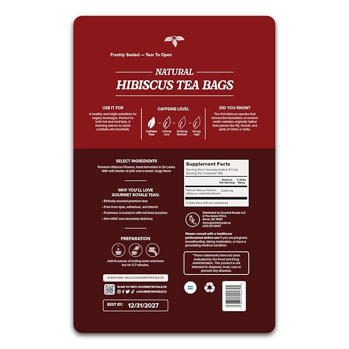 Gourmet Royale Hibiscus Tea, 100 Count, Sustainable Tea Bags, Pure Hibiscus Flowers, Caffeine & Sugar Free, Non-GMO & Vegan, Grown in Sri Lanka, (Pack of 1) - Bloomnest