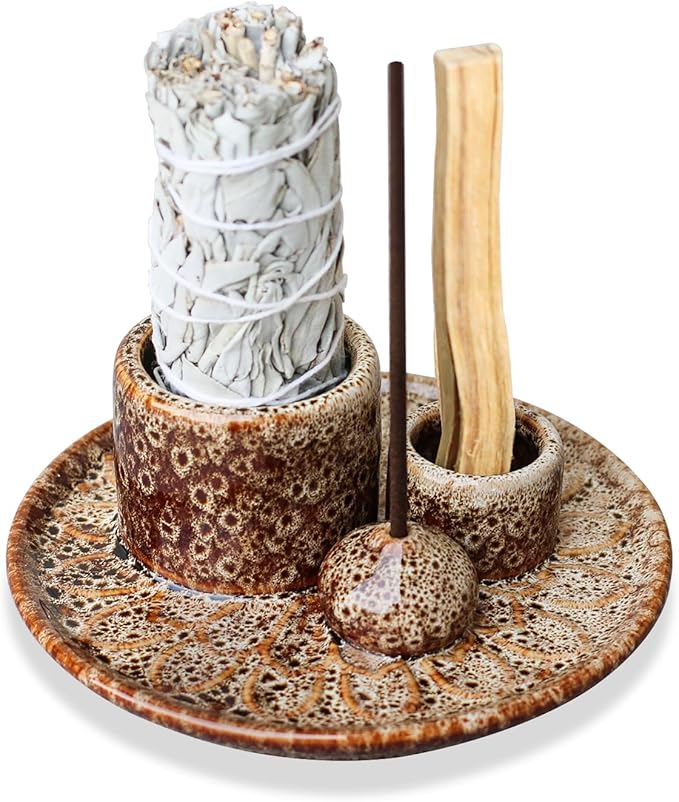 Palo Santo Sticks Holder, Multi-Purpose Handmade Ceramic Incense Burner for Palo Santo Incense Sticks, Sage Holder for Burning, Ash Catcher Tray for Meditation Yoga Room-Brown White ToolSentryX