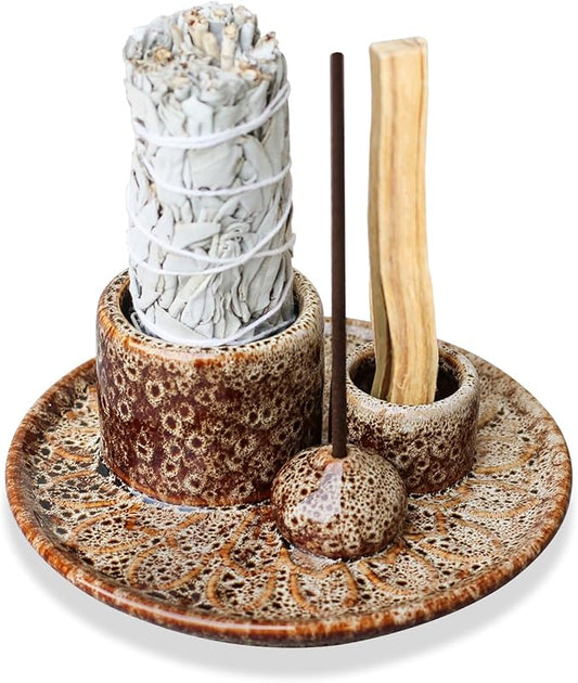 Palo Santo Sticks Holder, Multi-Purpose Handmade Ceramic Incense Burner for Palo Santo Incense Sticks, Sage Holder for Burning, Ash Catcher Tray for Meditation Yoga Room-Brown White ToolSentryX