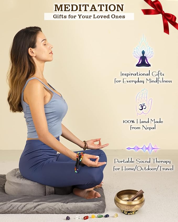 Tibetan Singing Bowls, Authentic Meditation Sound Bowls Handcrafted in Nepal for Yoga, Chakra Healing, Mindfulness, Self Care Spiritual Gifts for Women