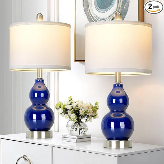 22" Double Gourd Ceramic Table Lamps Set of 2, Navy Blue Modern Bedside Lamps for Living Room, Contemporary Nightstand Desk Lamps for Bedroom End Table Home Office Decor(2 LED Bulbs Included) - Bloomnest