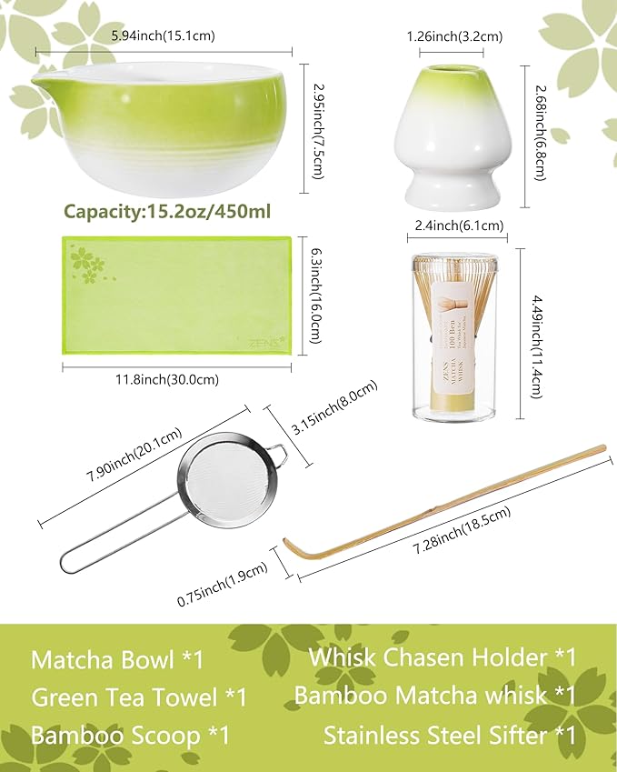 ZENS Matcha Whisk Set, 6pcs Matcha Kit Includes Ceramic Bowl, Handcrafted Bamboo Whisk and Chasen Holder, Scoop, 304 Sifter & Tea Mat，Matcha Set for Tea Ceremony,Latte Making, Green - Bloomnest