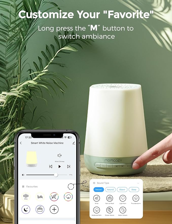Baby Sound Machine, Momcozy White Noise Machine for Baby Sleeping with Night Light, Toddler Sleep Trainer with 34 Soothing Sounds, Timer, App Remote Control, Personal Sleep Routine(Green) - Bloomnest