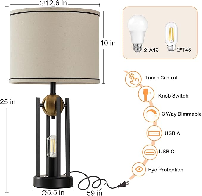 25'' Farmhouse Table Lamps for Living Room Set of 2 with USB C+A Ports, Vintage Bedside Lamp for Bedroom, Touch Lamps for Nightstand, Dual Lights Independent Switch, 4 Bulbs Included, Gold - Bloomnest