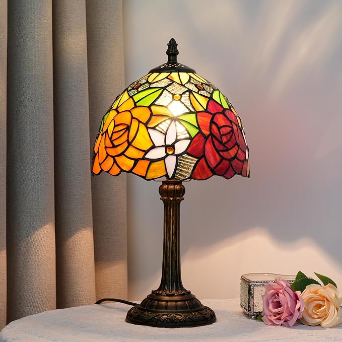 8 Inch Tiffany Stained Glass Lamp, Red And Orange Rose Flower Design, Victorian Vintage Style Bedside Lamp, Suitable For Bedroom Dining Room Office Hotel And Other Home Decoration (Gorgeous Rose) - Bloomnest
