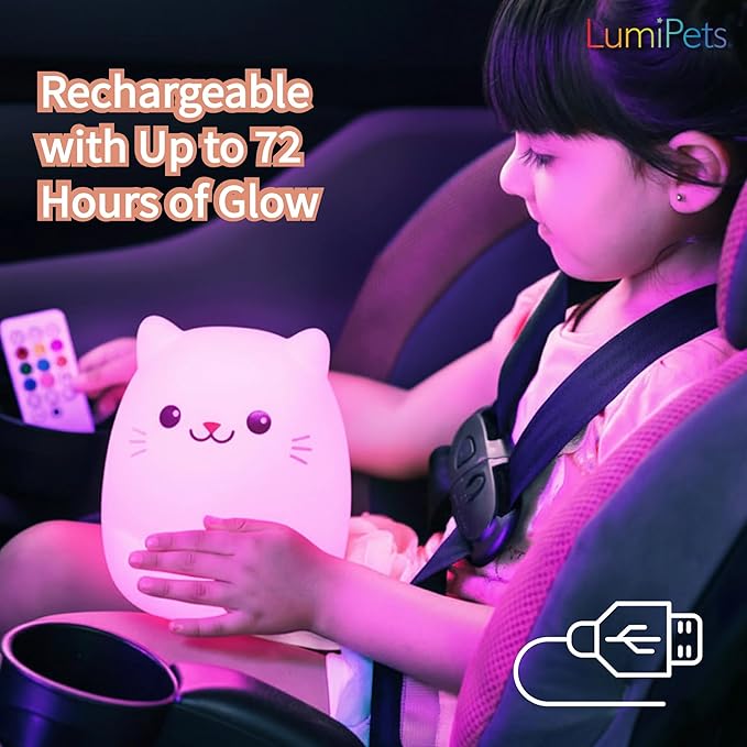 Lumipets Clive The Cat Squishy Silicone Night Light for Kids | Cute Night Light with Remote & Touch Control for Baby & Toddler Bedrooms | Color Changing Portable Animal Nightlight | Kids Mood Lamp - Bloomnest