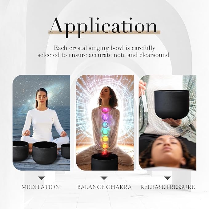 432HZ 6-12 Inch Set of 7 Chakra Black Frosted Quartz Crystal Singing Bowls with 2 Pcs Carry Cases and Suede Mallet - Bloomnest