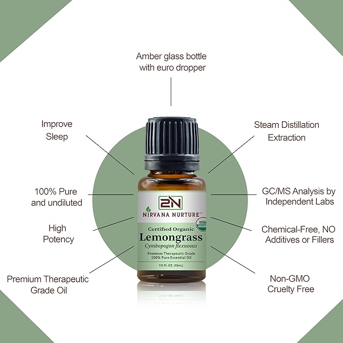 Lemongrass Essential Oil, USDA Certified Organic, 100% Pure Undiluted, Aromatherapy Oil for Diffuser, Hair & Skin Care NirvanaNurture
