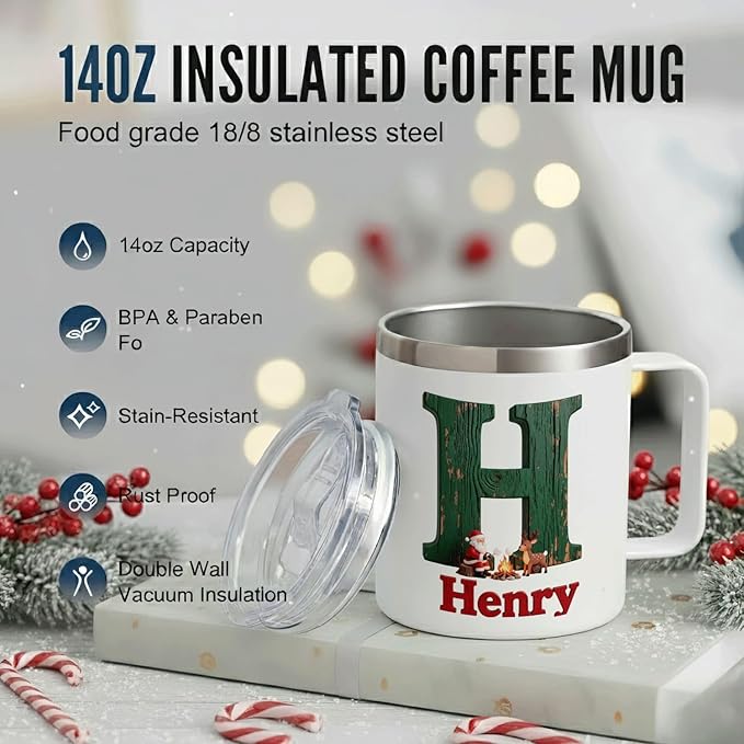 Personalized Christmas Insulated Coffee Mug with Handle – Custom Rustic Initial Letter [A] Double Wall Stainless Steel Travel Tumbler for Drinks – Unique Holiday Gift for Men, Women, & Kids(B116) - Bloomnest