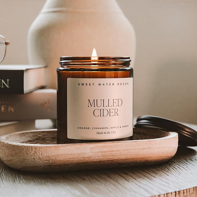 Sweet Water Decor Mulled Cider Candle - Fall Candles with Orange, Cinnamon, Apple, and Amber Scent for Home - Fall Soy Candle with 40 Hours Burn Time - 9Oz Black Lid Amber Jar Mulled Cider Scents - Bloomnest