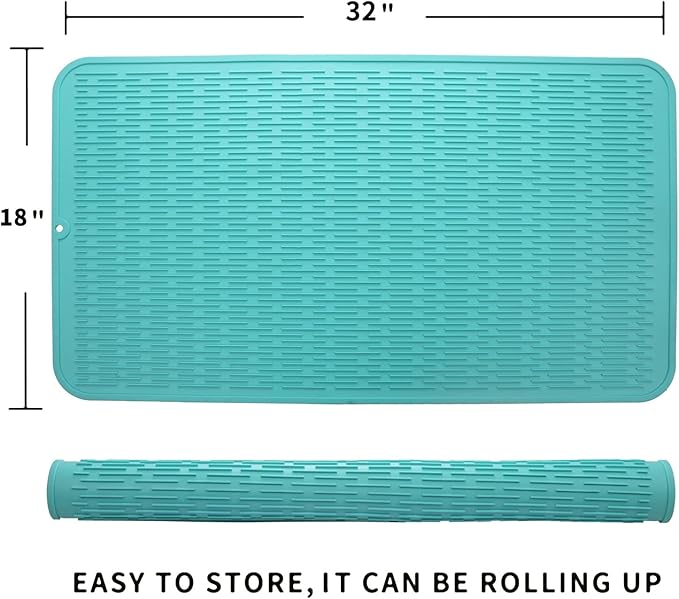 Silicone Dish Drying Mat for Multiple Usage,Easy clean,Eco-friendly,Heat-resistant Silicone Mat for Kitchen Counter or Sink,Refrigerator or Drawer Liner Mint 4XL 32 inches x 18 inches - Bloomnest
