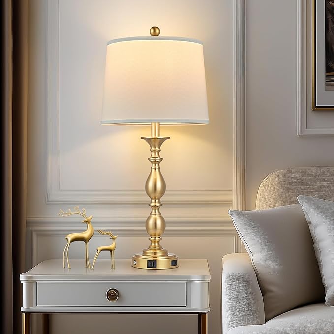 28" Tall Modern Table Lamps Set of 2 with USB A+C Ports and AC Outlet, 3 Way Touch Metal Bedside Lamps for Bedroom, Gold Farmhouse Nightstand Lamps for Living Room - Bloomnest