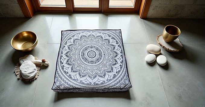 INDIAN CRAFT CASTLE ICC 24" Grey Ombre Mandala Barmeri Large Floor Pillow Cover Cushion Meditation Seating Ottoman Throw Cover Hippie Decorative Zipped Bohemian Pouf Ottoman Pom Pom Cases 24" Square - Bloomnest