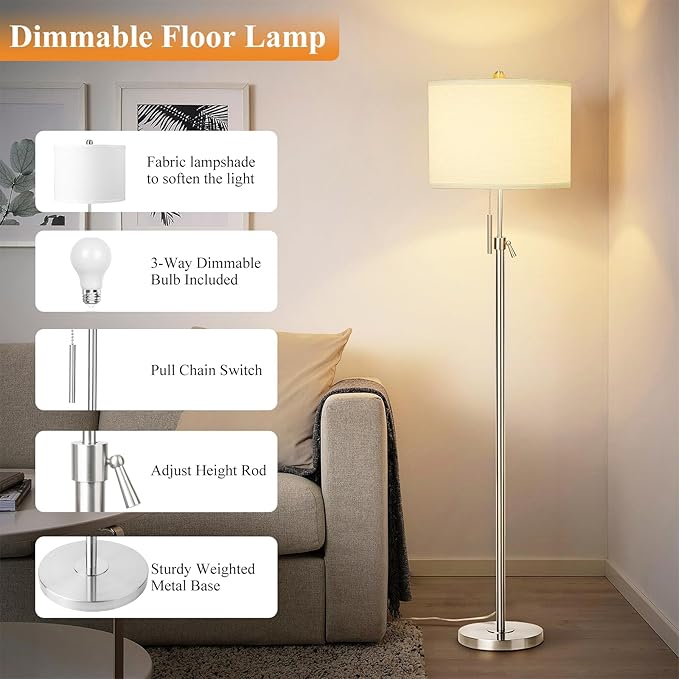 Brushed Nickel Floor Lamp for Living Room, Adjustable Height Standing Lamp with Metal Base, 3-Way Dimmable Tall Pole Light with White Linen Shade for Bedroom, Pull Chain Switch, 6W LED Bulb Included - Bloomnest