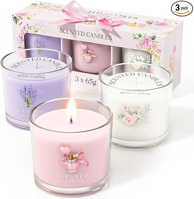 Scented Candles, Scented Candle Gift Set for Stress Relief, 3 Votive Candles for Women and Men, Birthday Candle Gifts for Women, Christmas Candles for Women (Pink + Purple + White, 7 oz) - Bloomnest