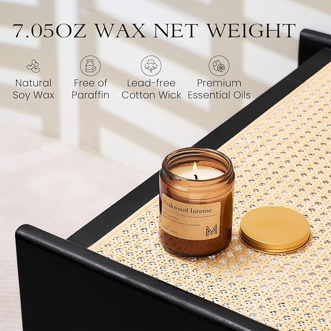 M&SENSE Teakwood Intense Candles for Home Scented Aromatherapy Candle Gift Set for Women and Men,7.05oz Soy Wax Long Lasting Amber Jar Candles Gift for Birthday Housewarming Mother's Valentine Day - Bloomnest