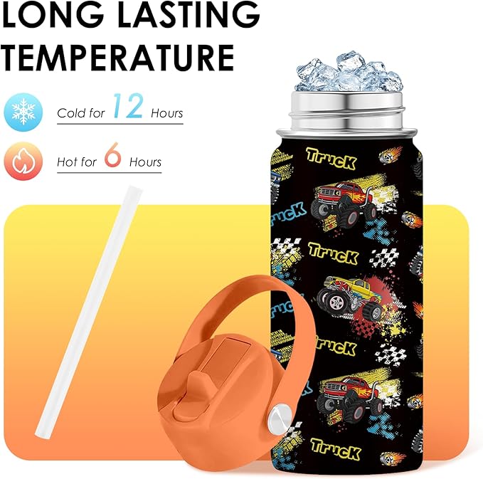 Truck Gifts for Kids - 16 Oz Kids Water Bottle with Straw Lid, Stainless Steel Insulated Tumbler, Leak Proof, BPA-Free, for Girls, School, Travel - Truck Lovers Children Birthday Gifts Cups(1pc) - Bloomnest