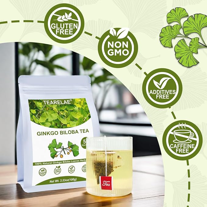TEARELAE - Ginkgo Biloba Tea Bags, 50 Count - 100% Pure Ginkgo Biloba Leaves - Non-GMO - Naturally Caffeine-free Herbal Tea - Support Vision Health & Enhance Immunity - Bloomnest