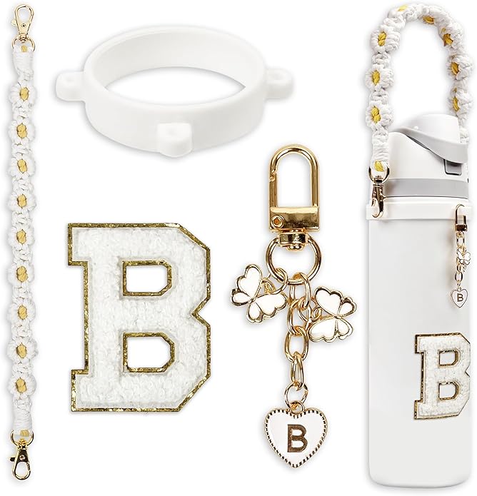 Compatible with Owala Water Bottle Accessories, Cute Letter Charm Set with Boho Handle Strap, Monogram Sticker, Silicone Ring, Keychain Decoration, for FreeSip 24 32 40oz, Owala Kids, Tumbler Gift SITKOL