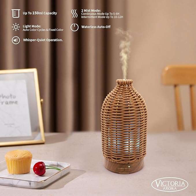 Essential Oil Diffuser - Multifunction Aromatherapy Diffuser 7 LED Color Changing Light 100ML Rattan Diffuser Easy to Clean Suitable for Home,Office (Tan) - Bloomnest