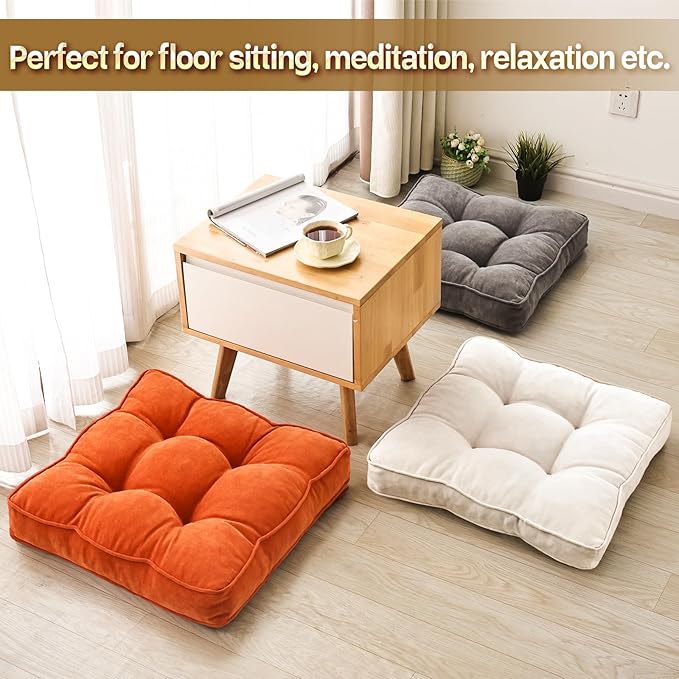 Floor Pillow Set of 2, Memory Foam Floor Cushions for Adults, Large Square Meditation Pillow for Sitting, 22 x 22 Inches (Square | Orange)